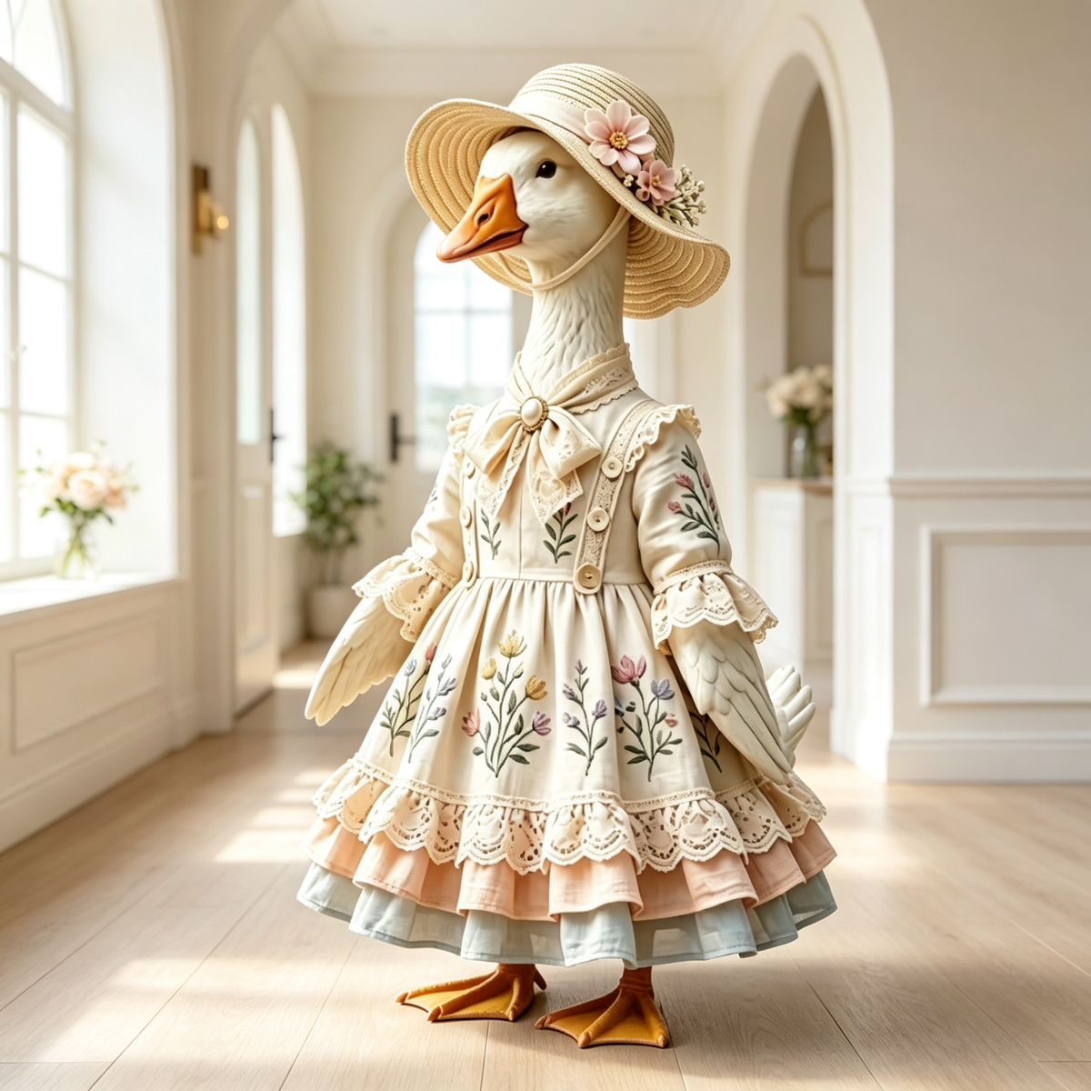 French‑Inspired Cottage Goose Costume Outfit for 23 Inch Lawn Goose Statue, Elegant Vintage‑Style Dress with Floral Straw Hat, Graceful Porch & Garden Display Decor, Goose Statue NOT Included