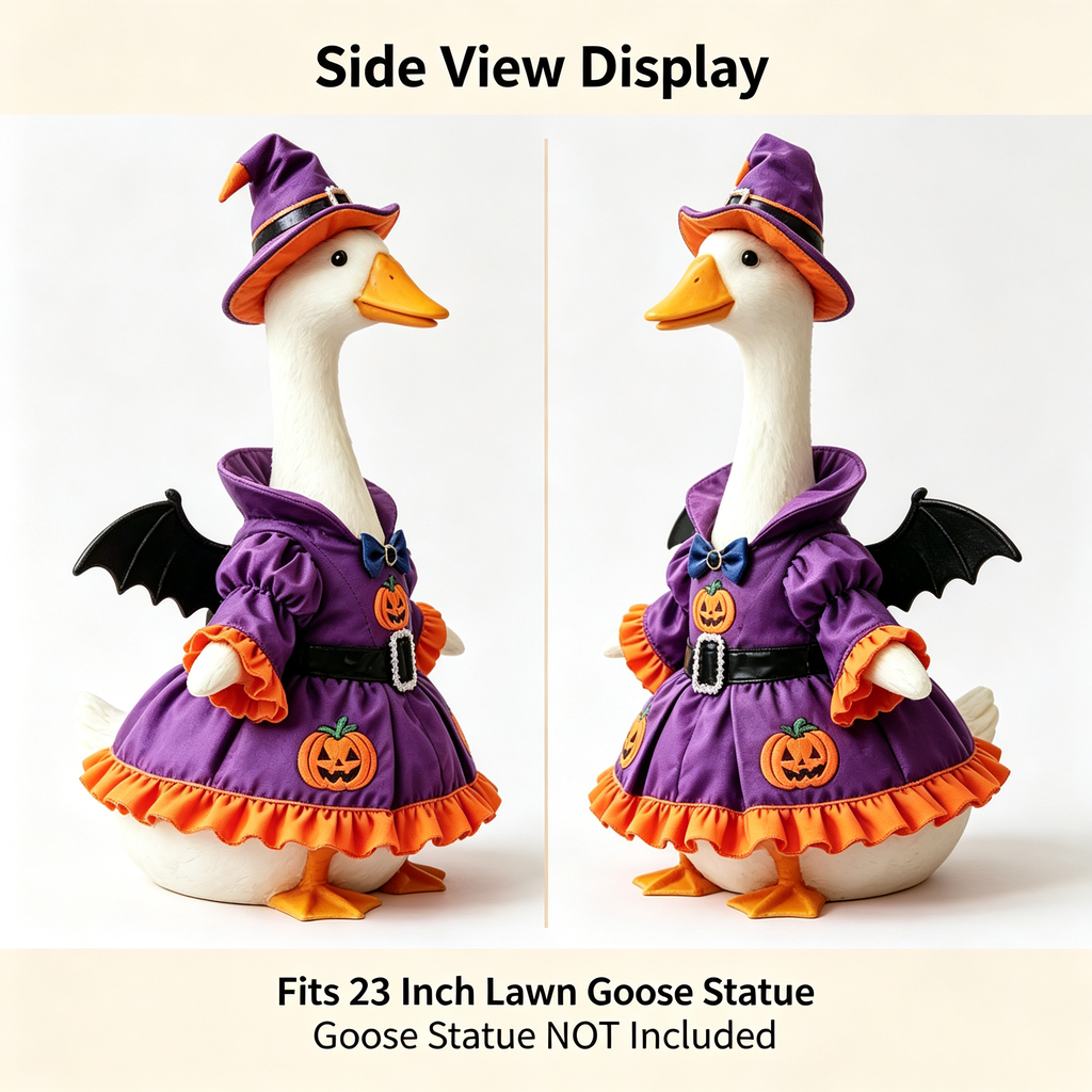 Witch Themed Goose Outfit for 23‑Inch Lawn Goose Statue, Halloween Decor Figurine Costume with Wizard Hat, Bat Wings & Pumpkin Pattern, Yard Porch Display Outfit, Goose Statue NOT Included