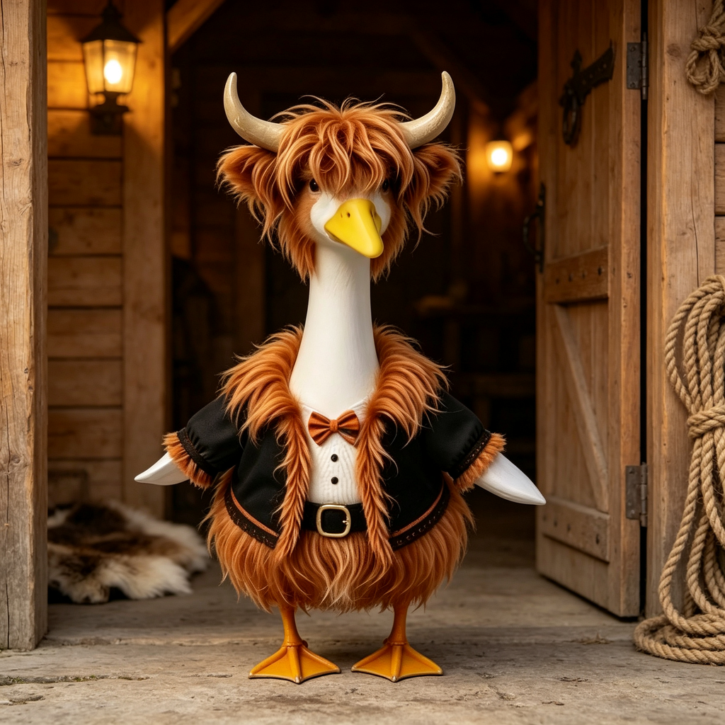 Highland Bull‑Style Goose Costume Outfit for 23 Inch Lawn Goose Statue, Horned Headpiece with Vest & Bow‑Tie Accents, Rustic Country Cabin Yard Porch Display Decor, Goose Statue NOT Included