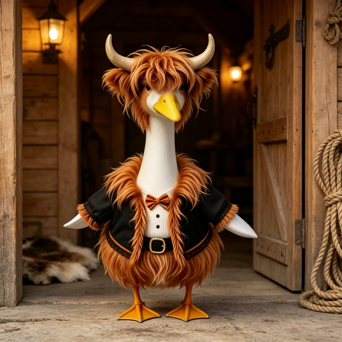 Highland Bull‑Style Goose Costume Outfit for 23 Inch Lawn Goose Statue, Horned Headpiece with Vest & Bow‑Tie Accents, Rustic Country Cabin Yard Porch Display Decor, Goose Statue NOT Included
