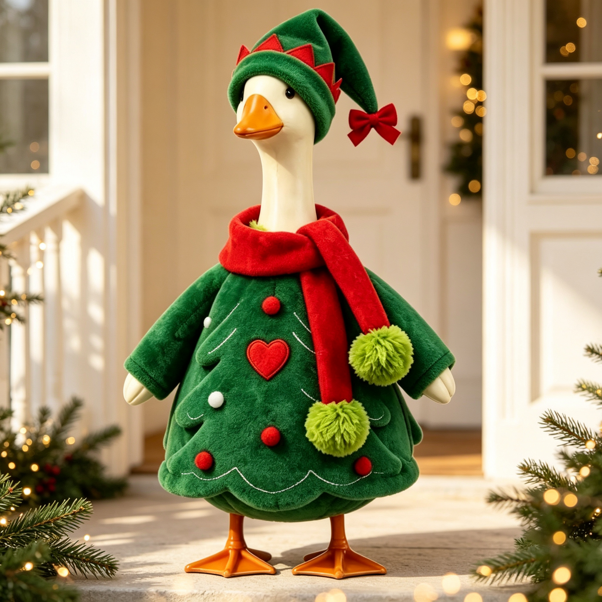Christmas Tree Goose Costume Outfit for 23 Inch Lawn Goose Statue, Festive Tree‑Shaped Clothing with Elf Hat & Scarf, Farmhouse Porch Garden Decor, Goose Statue NOT Included