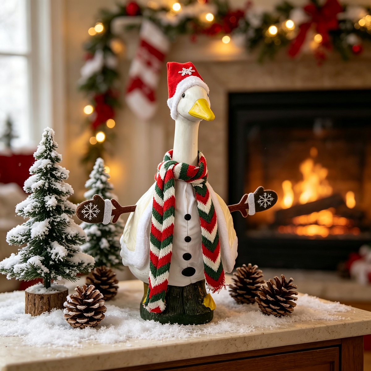 Snowman‑Style Winter Lawn Goose Outfit for 23‑Inch Lawn Goose Statue, Seasonal Figurine Costume with Knit‑Look Scarf & Snowflake Accents, for Indoor & Snowy Porch Display, Goose Statue NOT Included