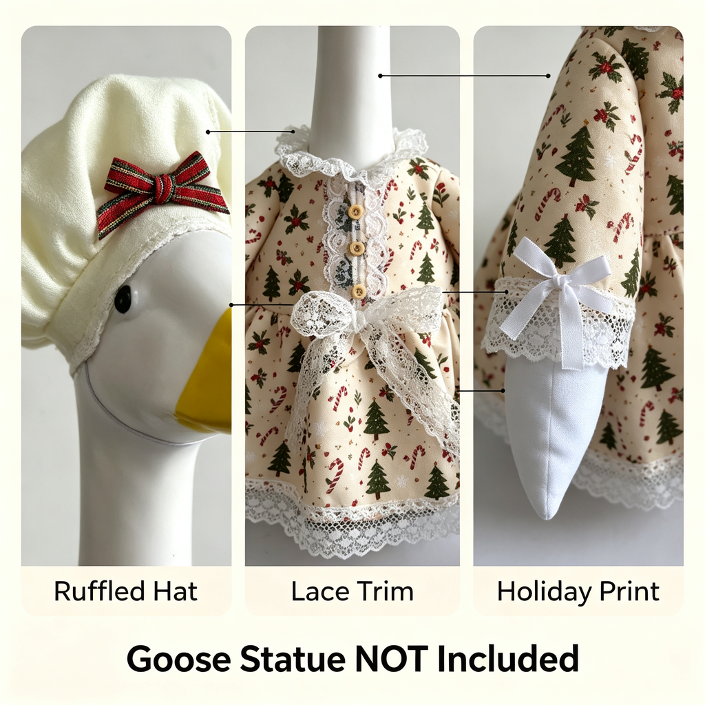 Baking‑Inspired Christmas Goose Outfit for 23‑Inch Lawn Goose Statue, Holiday Figurine Costume with Tree & Candy Cane Print, Ruffled Trim Hat, for Indoor & Outdoor Display, Goose Statue NOT Included
