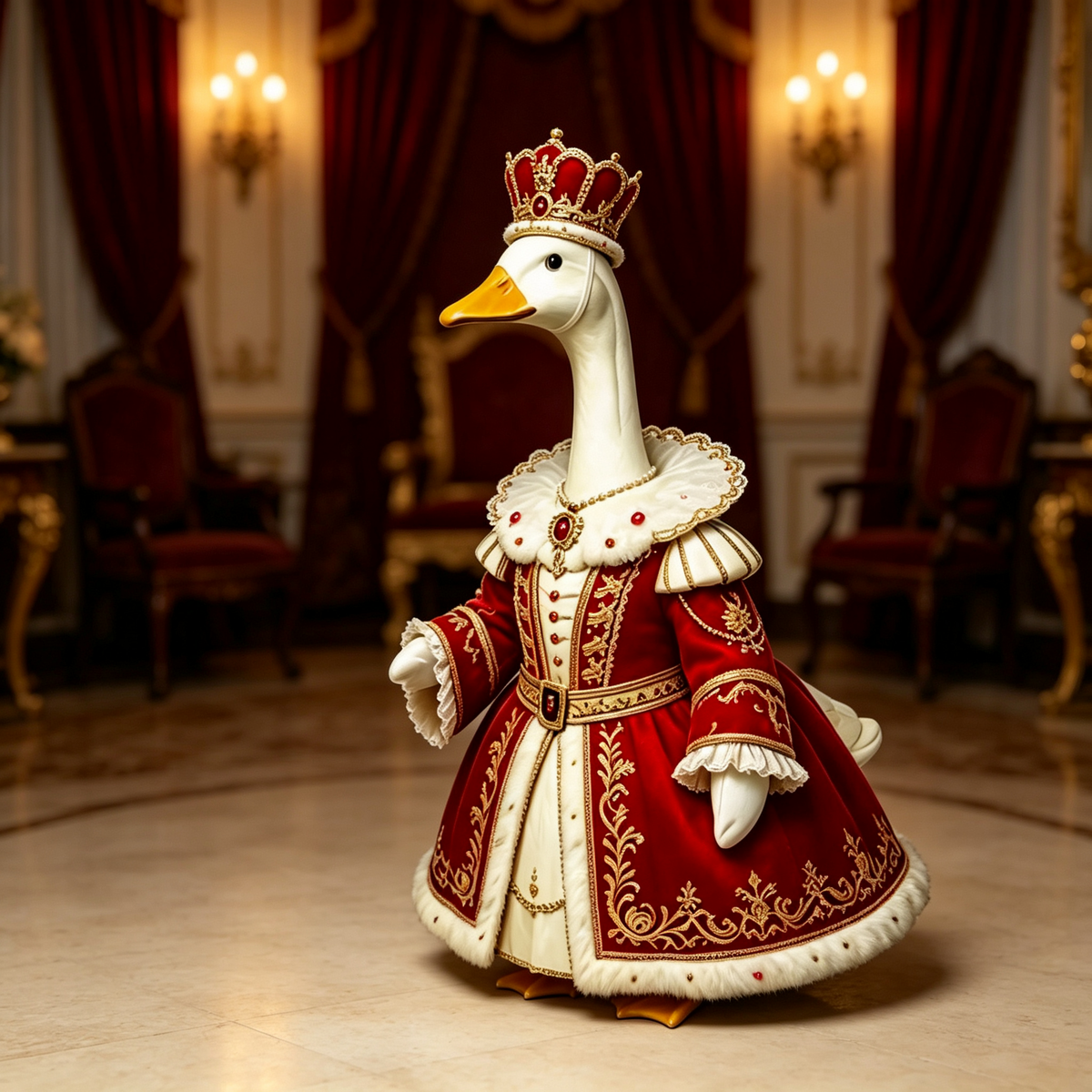 Royal King‑Inspired Goose Costume Outfit for 23 Inch Lawn Goose Statue, Regal Red‑Gold Robe with Ornate Crown, Majestic Porch & Manor Yard Display Decor, Goose Statue NOT Included