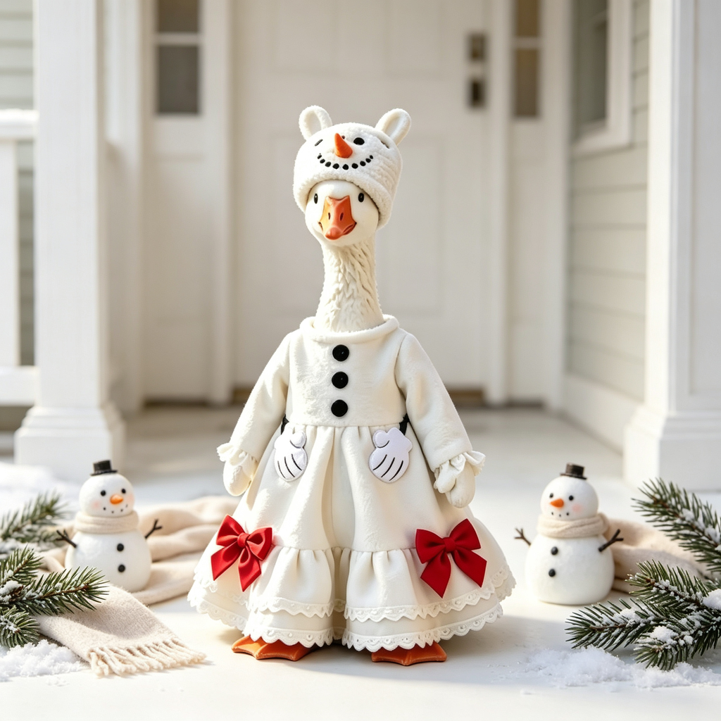 Snowman‑Style Goose Costume Outfit for 23 Inch Lawn Goose Statue, Winter Snow‑Themed Dress with Snowman Hat & Red Bows, Whimsical Cold‑Season Porch Yard Display Decor, Goose Statue NOT Included