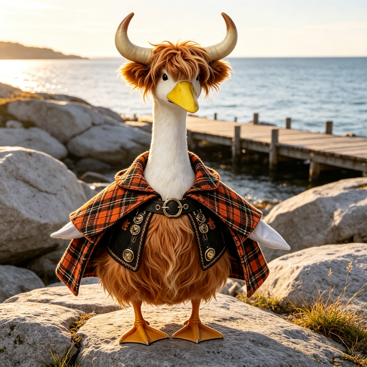 Viking Highland Warrior Goose Costume Outfit for 23 Inch Lawn Goose Statue, Plaid Cape with Horn‑Style Headpiece, Rustic Wild‑Vibe Porch Yard Display Decor, Goose Statue NOT Included