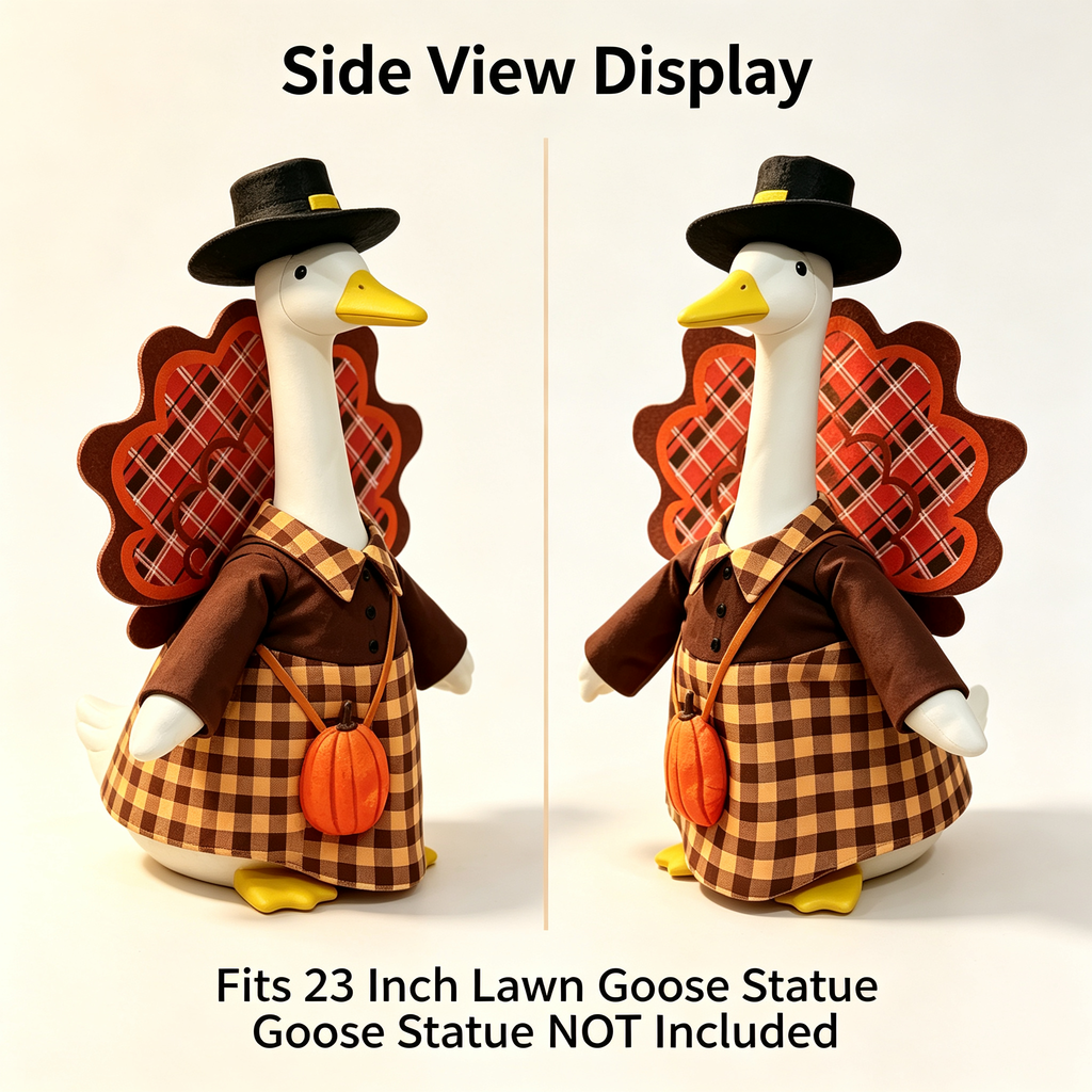 Fall Harvest Farmhouse Goose Outfit for 23‑Inch Lawn Goose Statue, Seasonal Figurine Costume with Pilgrim Hat, Turkey Tail Decor & Pumpkin Pouch, Yard Porch Display Outfit, Goose Statue NOT Included