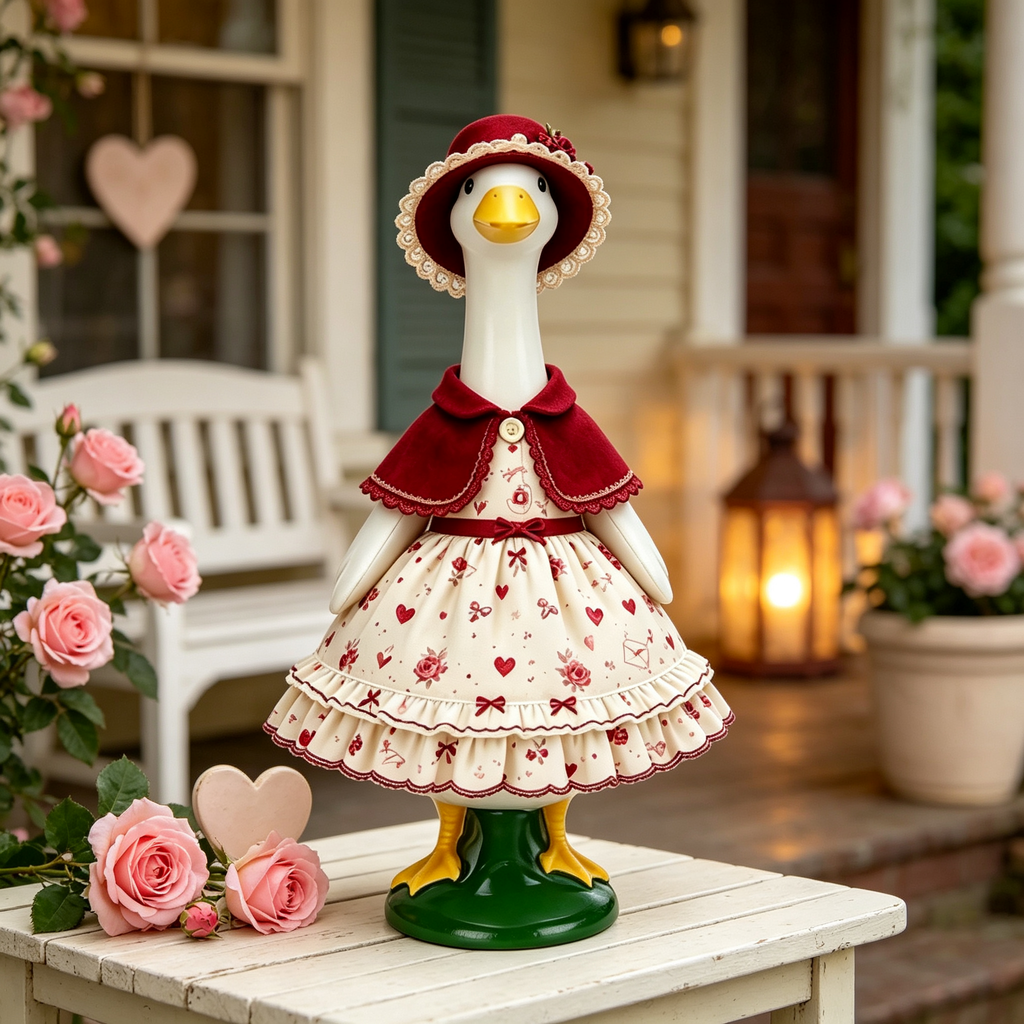 Romantic Valentine Themed Goose Outfit for 23‑Inch Lawn Goose Statue, Decorative Figurine Costume with Rose & Heart Print, Lace‑Trim Hat and Cape, Yard Porch Display Outfit, Goose Statue NOT Included