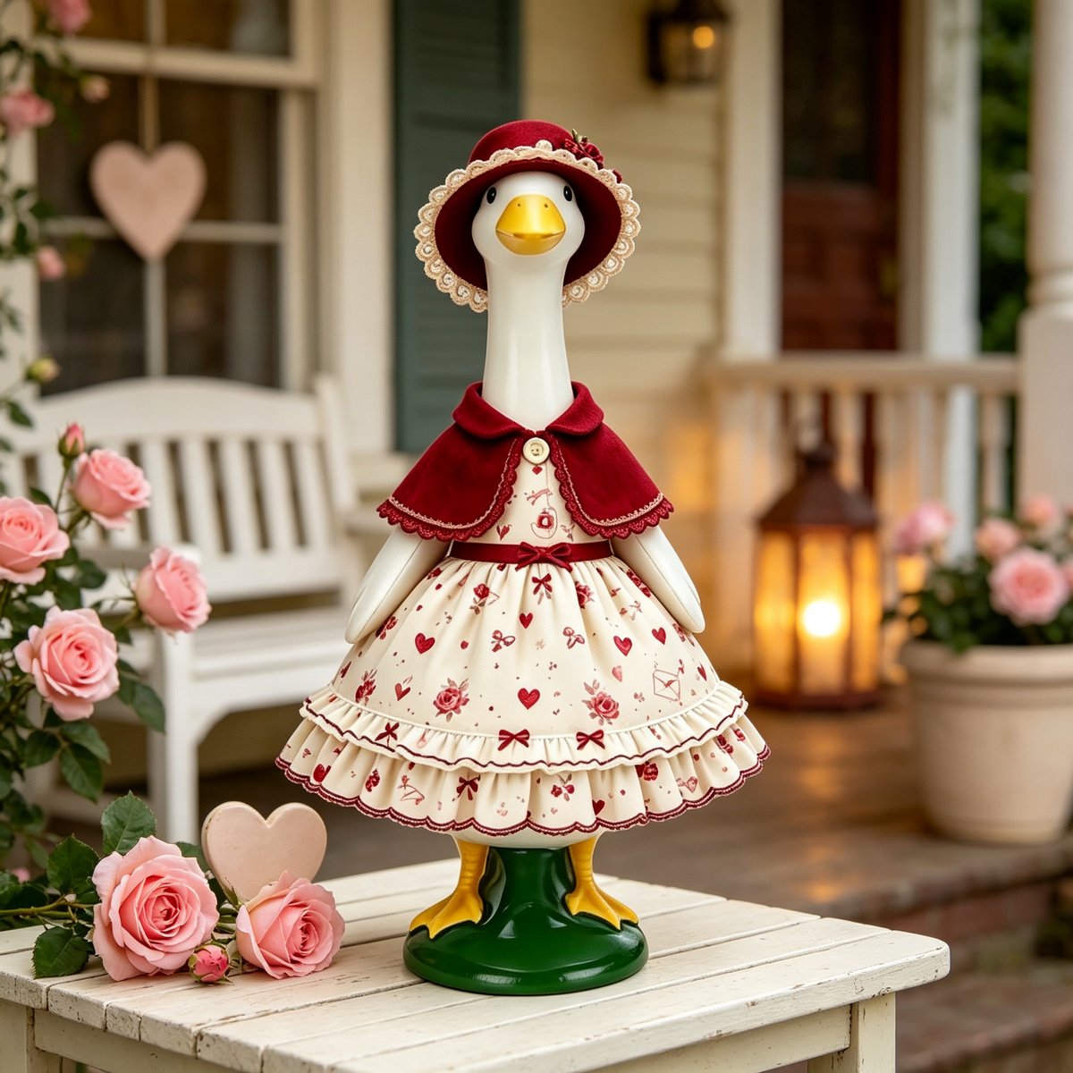 Romantic Valentine Themed Goose Outfit for 23‑Inch Lawn Goose Statue, Decorative Figurine Costume with Rose & Heart Print, Lace‑Trim Hat and Cape, Yard Porch Display Outfit, Goose Statue NOT Included