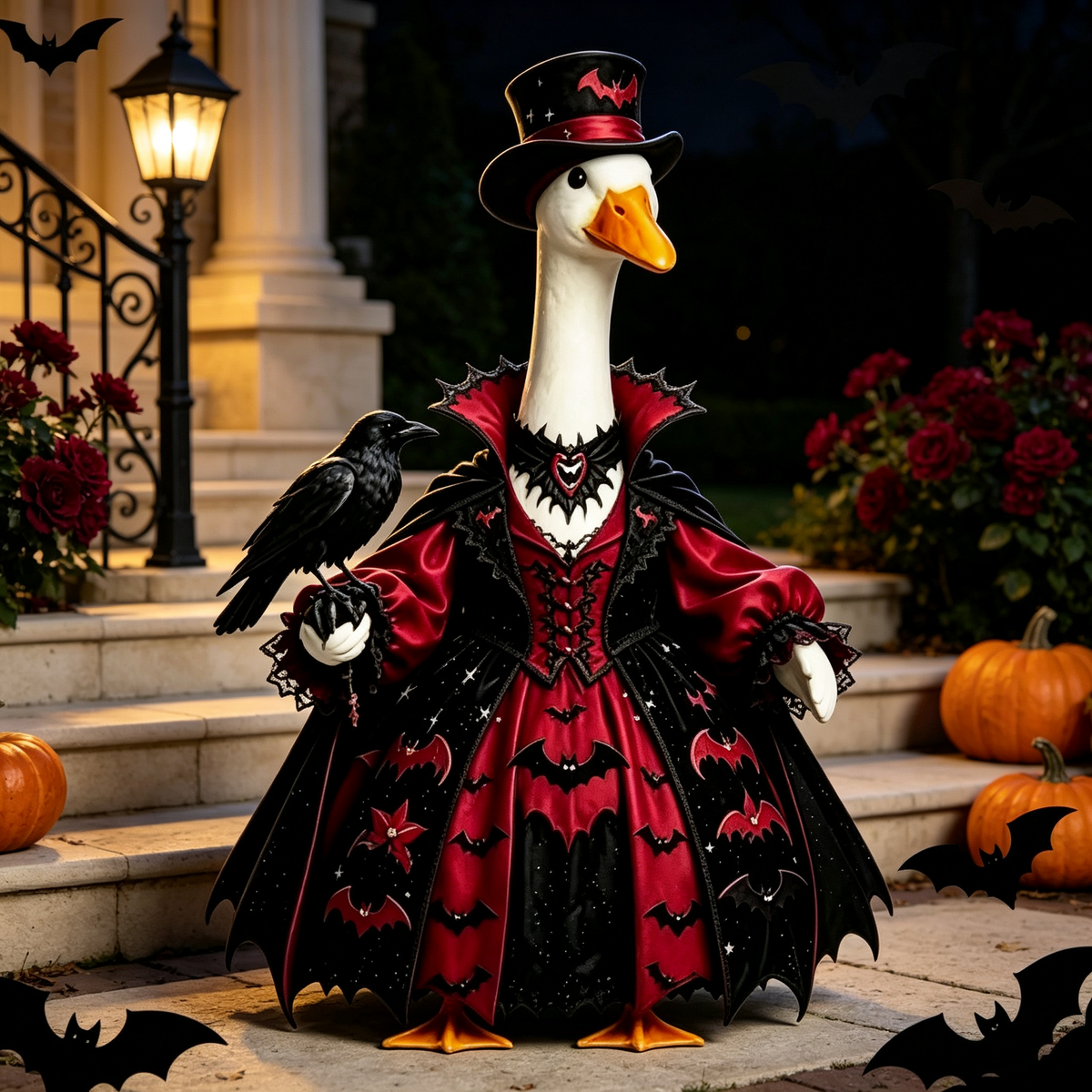 Gothic Vampire‑Style Goose Costume Outfit for 23 Inch Lawn Goose Statue, Dark Spooky Themed Attire with Top Hat & Crow Accent, Dramatic Porch Yard Display Decor, Goose Statue NOT Included