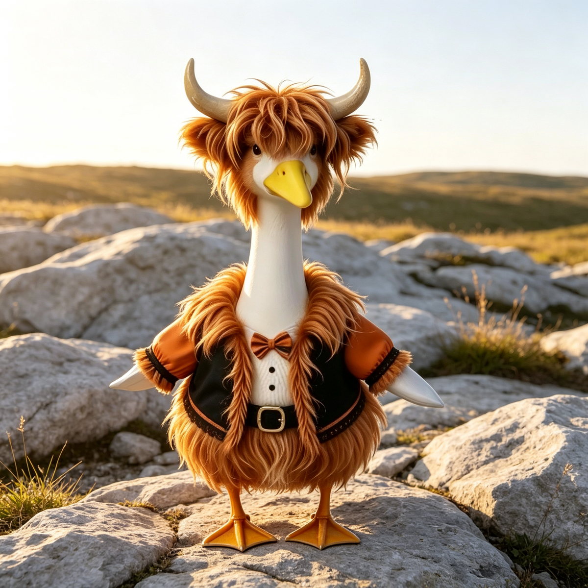 Highland Bull‑Style Goose Costume Outfit for 23 Inch Lawn Goose Statue, Horned Headpiece with Vest & Bow‑Tie Accents, Rustic Country Cabin Yard Porch Display Decor, Goose Statue NOT Included