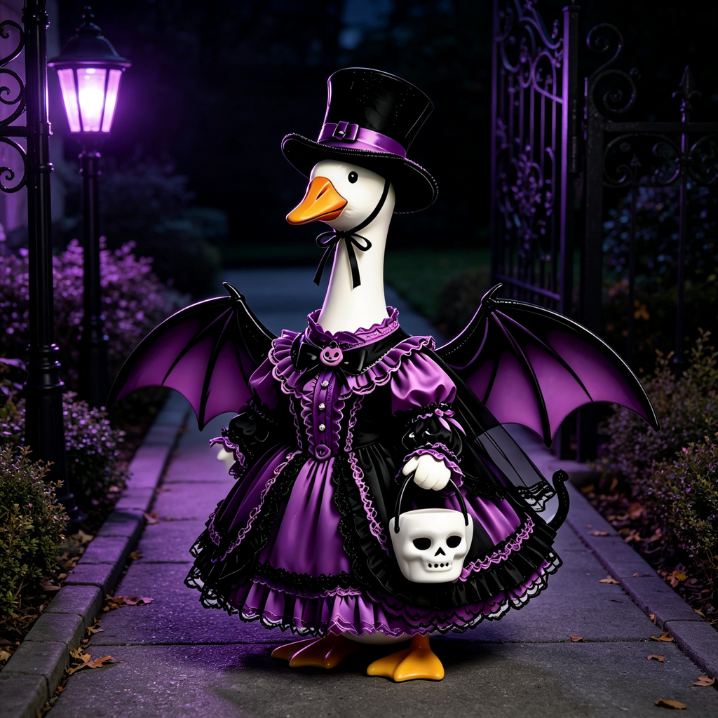 Dark Gothic Lolita‑Style Goose Costume Outfit for 23 Inch Lawn Goose Statue, Spooky Attire with Bat Wings & Top Hat, Whimsical Moody Porch Yard Display Decor, Goose Statue NOT Included