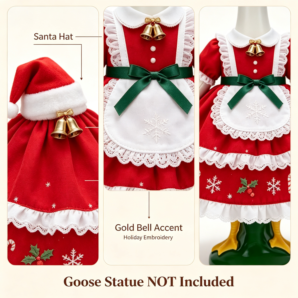 Christmas Themed Goose Outfit for 23‑Inch Lawn Goose Statue, Decorative Figurine Costume with Santa Hat, Bells & Snowflake Print, Yard Porch Display Outfit, Goose Statue NOT Included