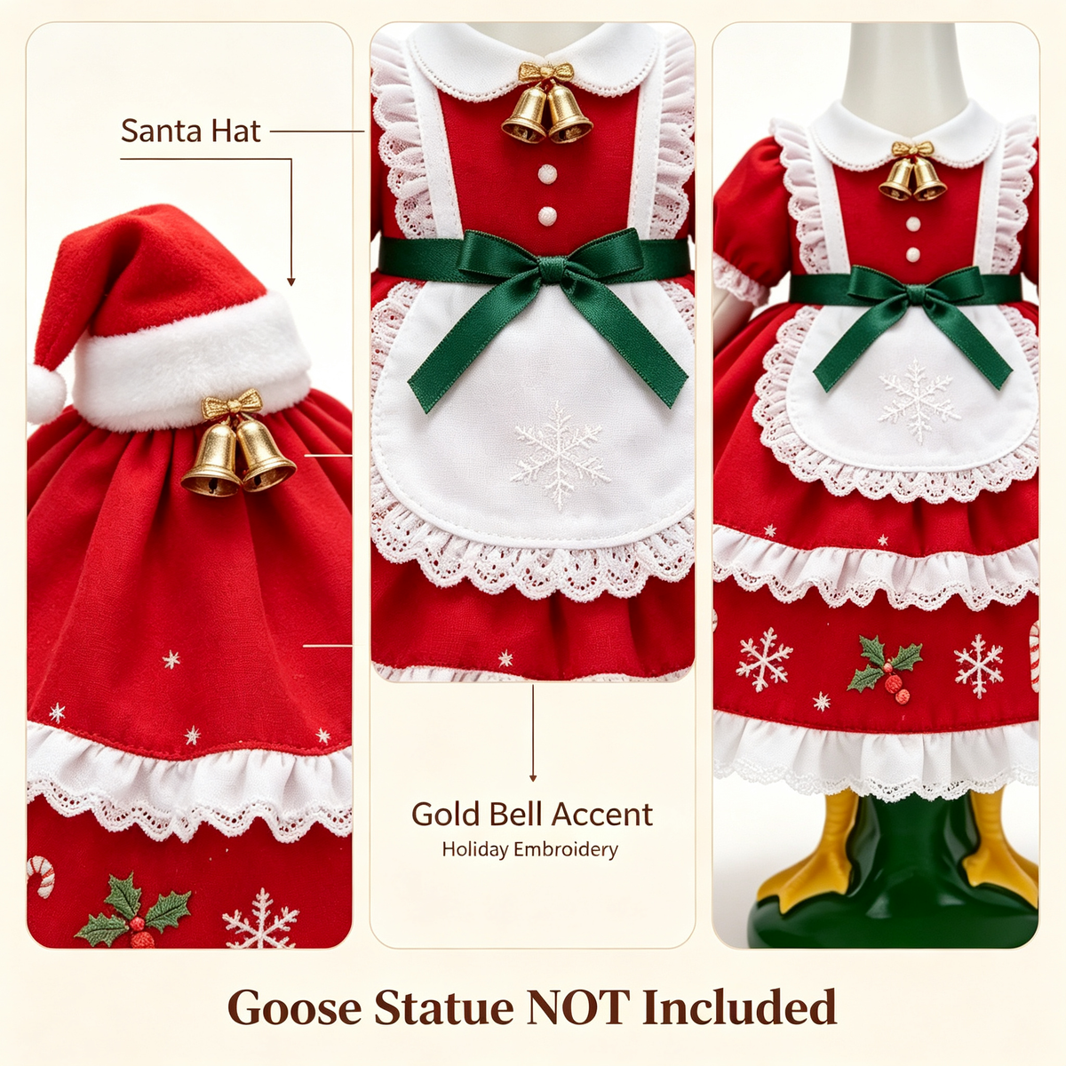 Christmas Themed Goose Outfit for 23‑Inch Lawn Goose Statue, Decorative Figurine Costume with Santa Hat, Bells & Snowflake Print, Yard Porch Display Outfit, Goose Statue NOT Included