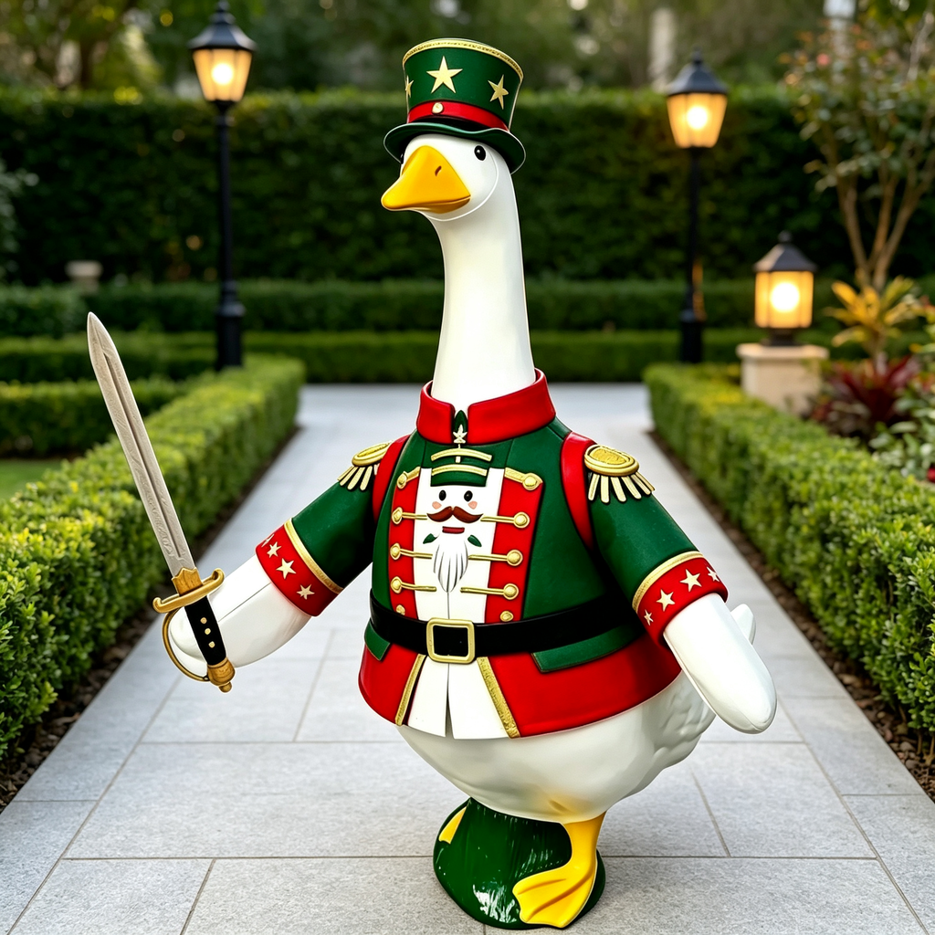 Guard Soldier‑Style Goose Costume Outfit for 23 Inch Lawn Goose Statue, Military Uniform Attire with Tall Hat & Sword Accent, Stately Porch Yard Display Decor, Goose Statue NOT Included