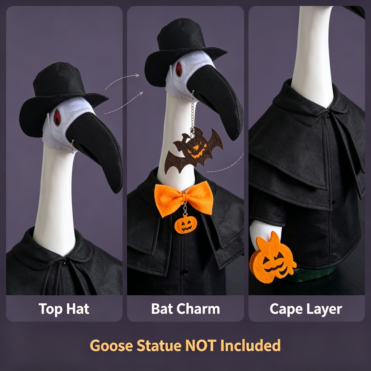 Plague Doctor Halloween Lawn Goose Outfit for 23‑Inch Lawn Goose Statue, Spooky Figurine Costume with Bow Tie & Pumpkin Bat Charms, for Indoor & Porch Display, Goose Statue NOT Included
