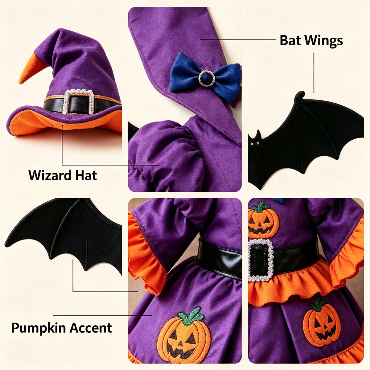 Witch Themed Goose Outfit for 23‑Inch Lawn Goose Statue, Halloween Decor Figurine Costume with Wizard Hat, Bat Wings & Pumpkin Pattern, Yard Porch Display Outfit, Goose Statue NOT Included