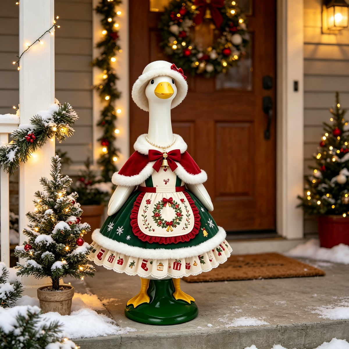 Vintage Christmas Themed Goose Outfit for 23‑Inch Lawn Goose Statue, Holiday Figurine Costume with Wreath Embroidery, Furry‑Trim Hat and Cape, Yard & Porch Display Outfit, Goose Statue NOT Included