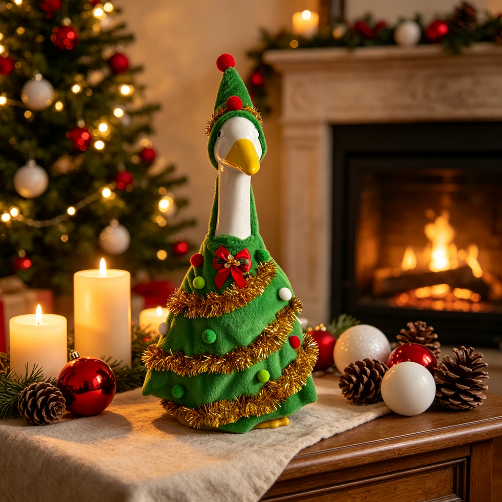 Christmas Tree Themed Goose Outfit for 23‑Inch Lawn Goose Statue, Novelty Holiday Figurine Costume with Tinsel & Pom‑Pom Accents, Indoor Outdoor Display Outfit, Goose Statue NOT Included