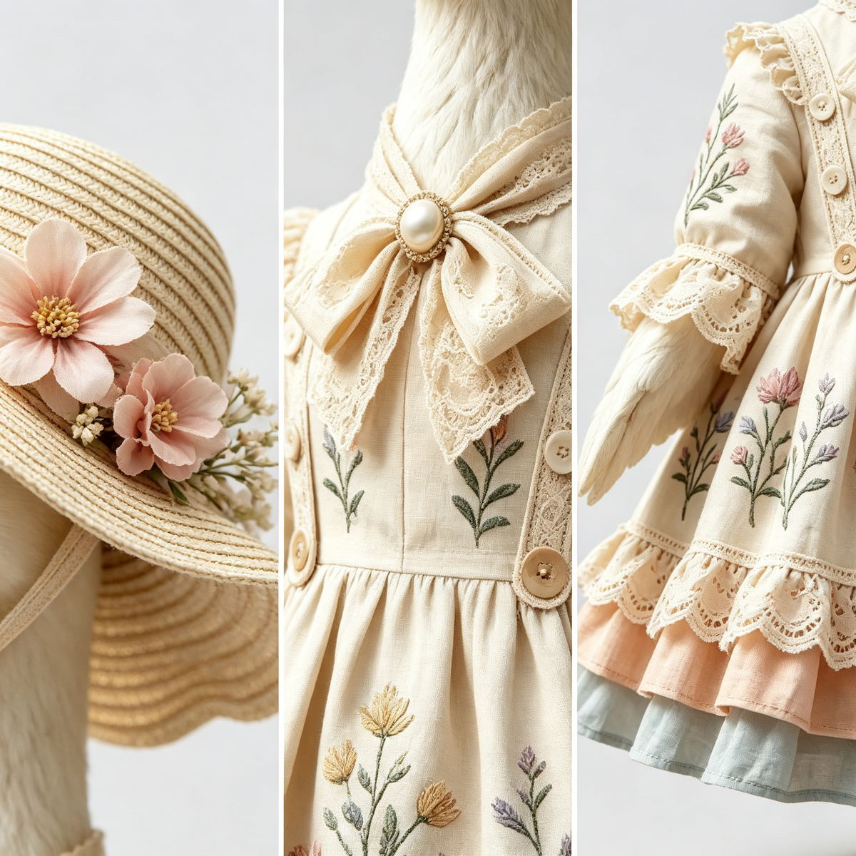 French‑Inspired Cottage Goose Costume Outfit for 23 Inch Lawn Goose Statue, Elegant Vintage‑Style Dress with Floral Straw Hat, Graceful Porch & Garden Display Decor, Goose Statue NOT Included