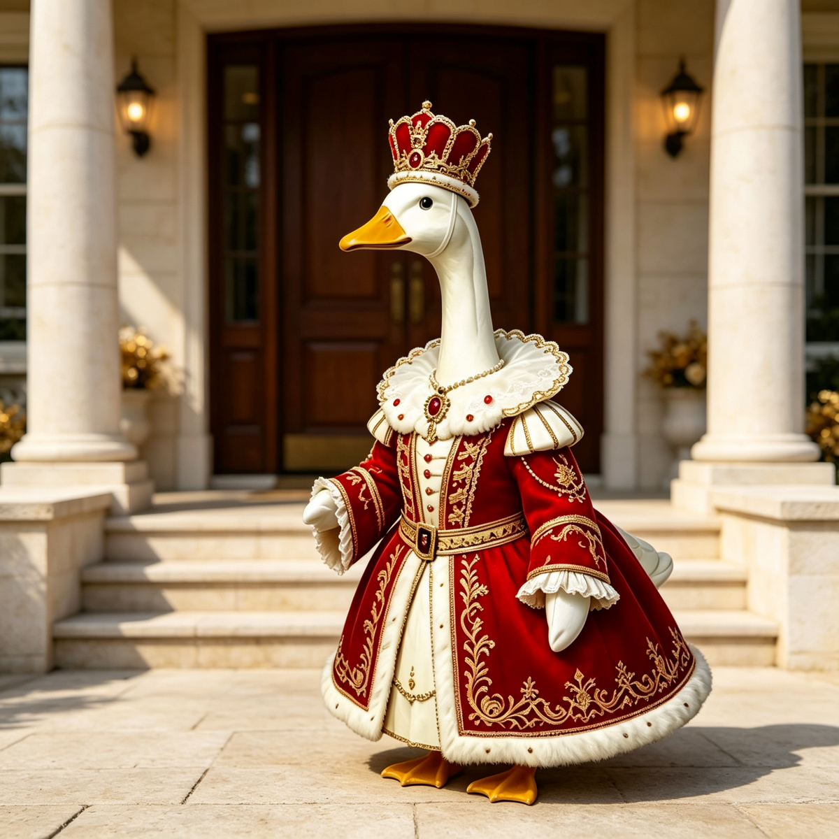 Royal King‑Inspired Goose Costume Outfit for 23 Inch Lawn Goose Statue, Regal Red‑Gold Robe with Ornate Crown, Majestic Porch & Manor Yard Display Decor, Goose Statue NOT Included