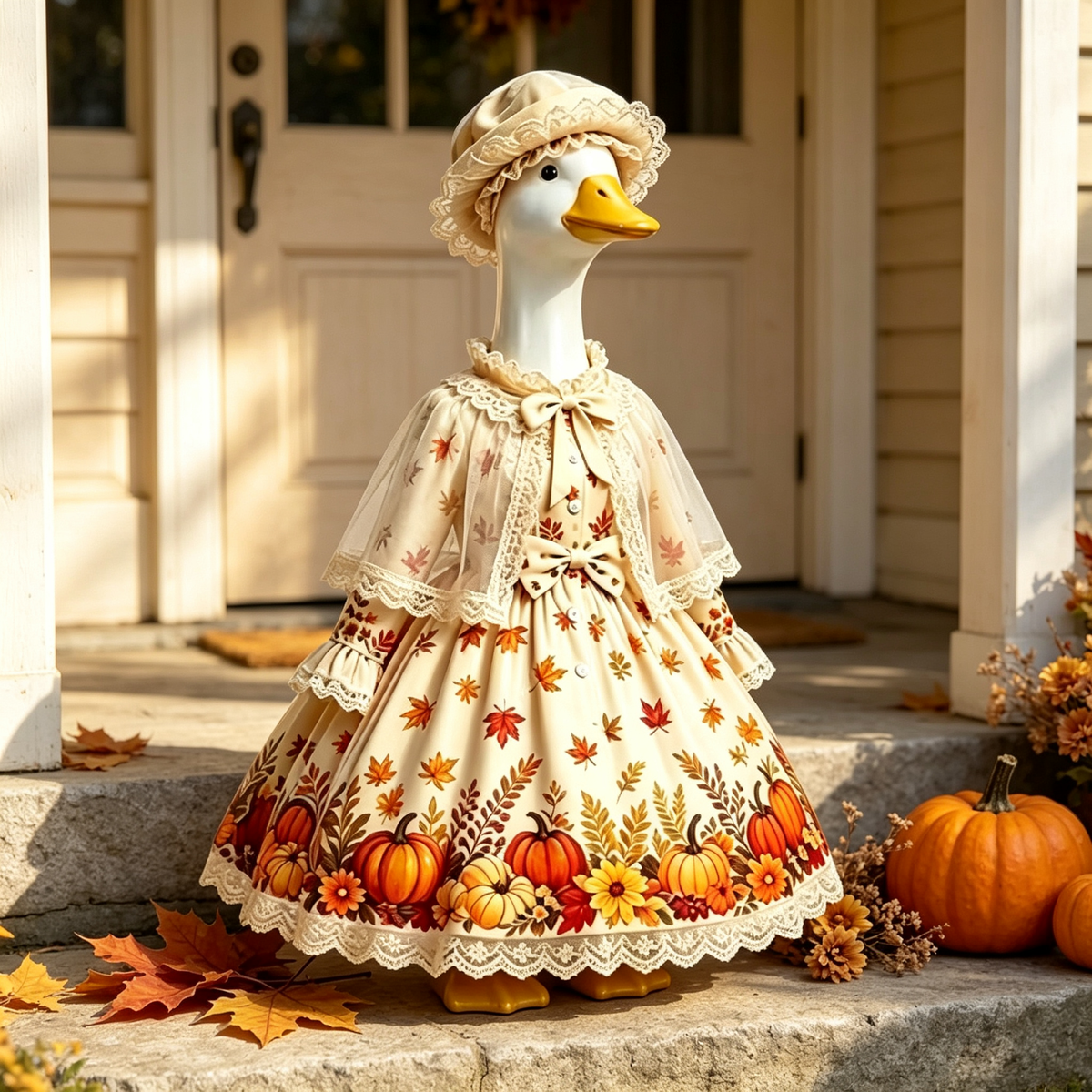 Vintage Autumn Palace‑Style Goose Costume Outfit for 23 Inch Lawn Goose Statue, Fall Themed Dress with Lace Cape & Beret Hat, Retro Porch Garden Seasonal Display Decor, Goose Statue NOT Included