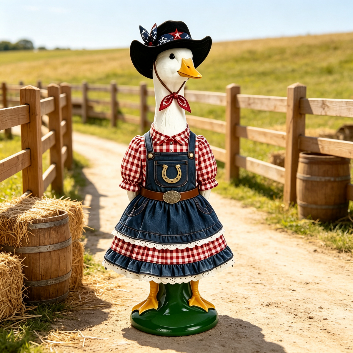 Western Cowgirl‑Style Goose Costume Outfit for 23 Inch Lawn Goose Statue, Ranch‑Inspired Attire with Cowboy Hat & Horseshoe Accent, Rustic Country Porch Yard Display Decor, Goose Statue NOT Included