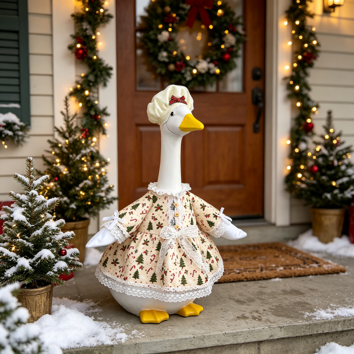 Baking‑Inspired Christmas Goose Outfit for 23‑Inch Lawn Goose Statue, Holiday Figurine Costume with Tree & Candy Cane Print, Ruffled Trim Hat, for Indoor & Outdoor Display, Goose Statue NOT Included