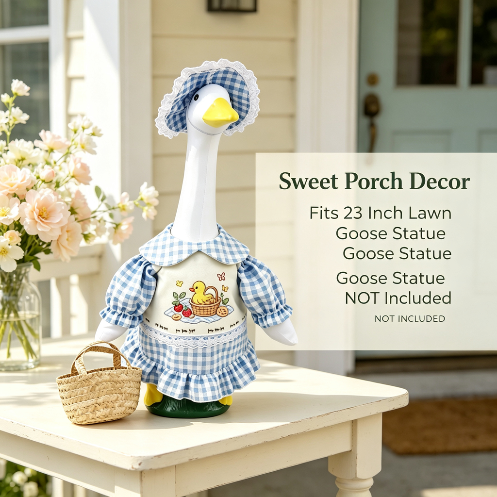 Blue Gingham Picnic Goose Outfit for 23 Inch Lawn Goose Statue, Embroidered Apron Dress with Lace Bonnet Hat & Wicker Basket, Farmhouse Porch Goose Costume, Goose Statue NOT Included