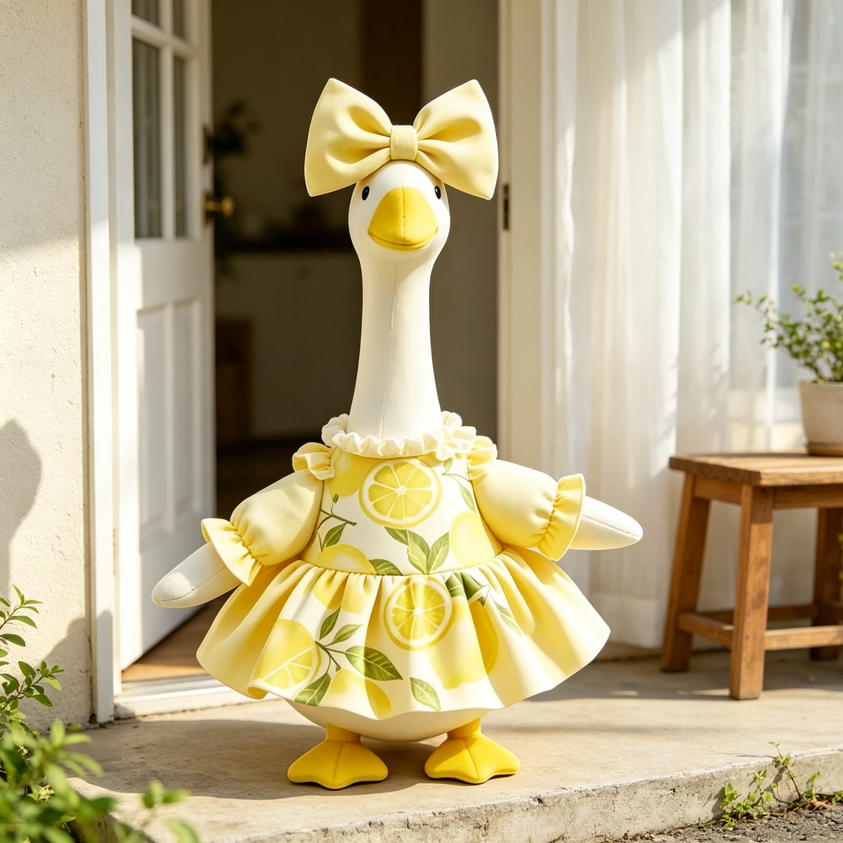 Summer Fresh Vacation‑Style Goose Costume Outfit for 23 Inch Lawn Goose Statue, Lemon‑Print Dress with Oversized Bow, Bright Cheerful Porch Garden Display Decor, Goose Statue NOT Included