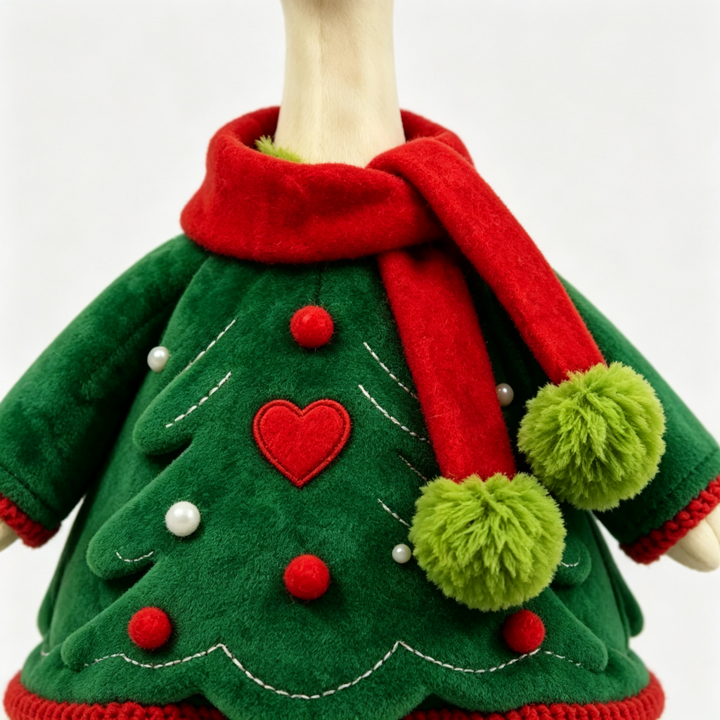 Christmas Tree Goose Costume Outfit for 23 Inch Lawn Goose Statue, Festive Tree‑Shaped Clothing with Elf Hat & Scarf, Farmhouse Porch Garden Decor, Goose Statue NOT Included