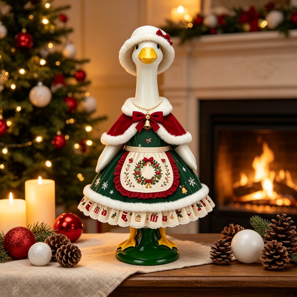 Vintage Christmas Themed Goose Outfit for 23‑Inch Lawn Goose Statue, Holiday Figurine Costume with Wreath Embroidery, Furry‑Trim Hat and Cape, Yard & Porch Display Outfit, Goose Statue NOT Included