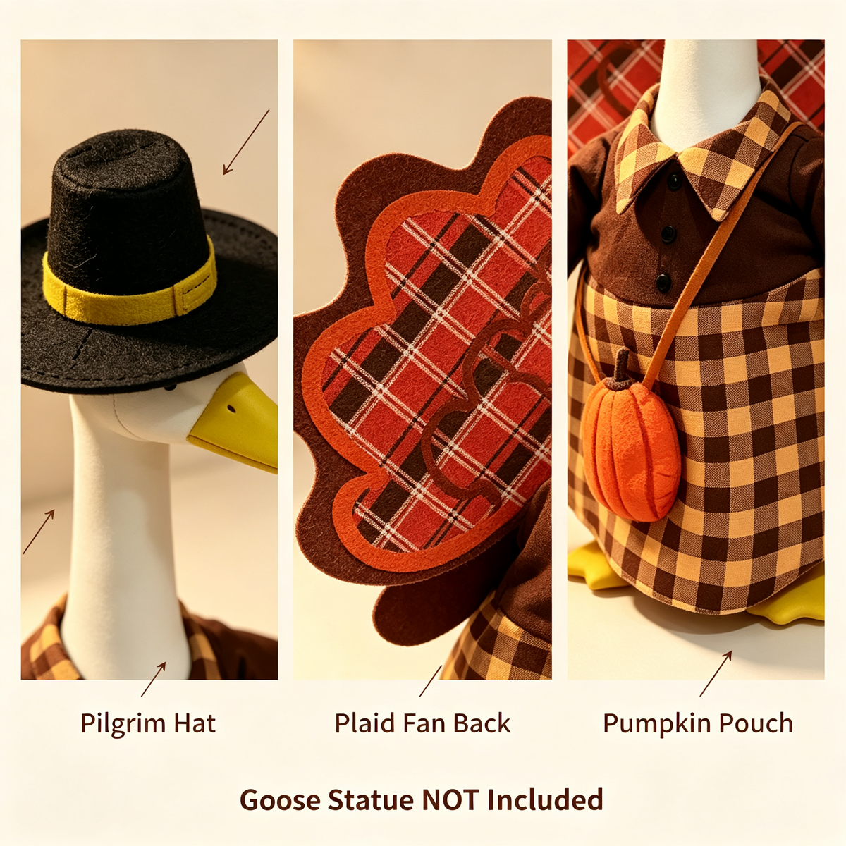 Fall Harvest Farmhouse Goose Outfit for 23‑Inch Lawn Goose Statue, Seasonal Figurine Costume with Pilgrim Hat, Turkey Tail Decor & Pumpkin Pouch, Yard Porch Display Outfit, Goose Statue NOT Included