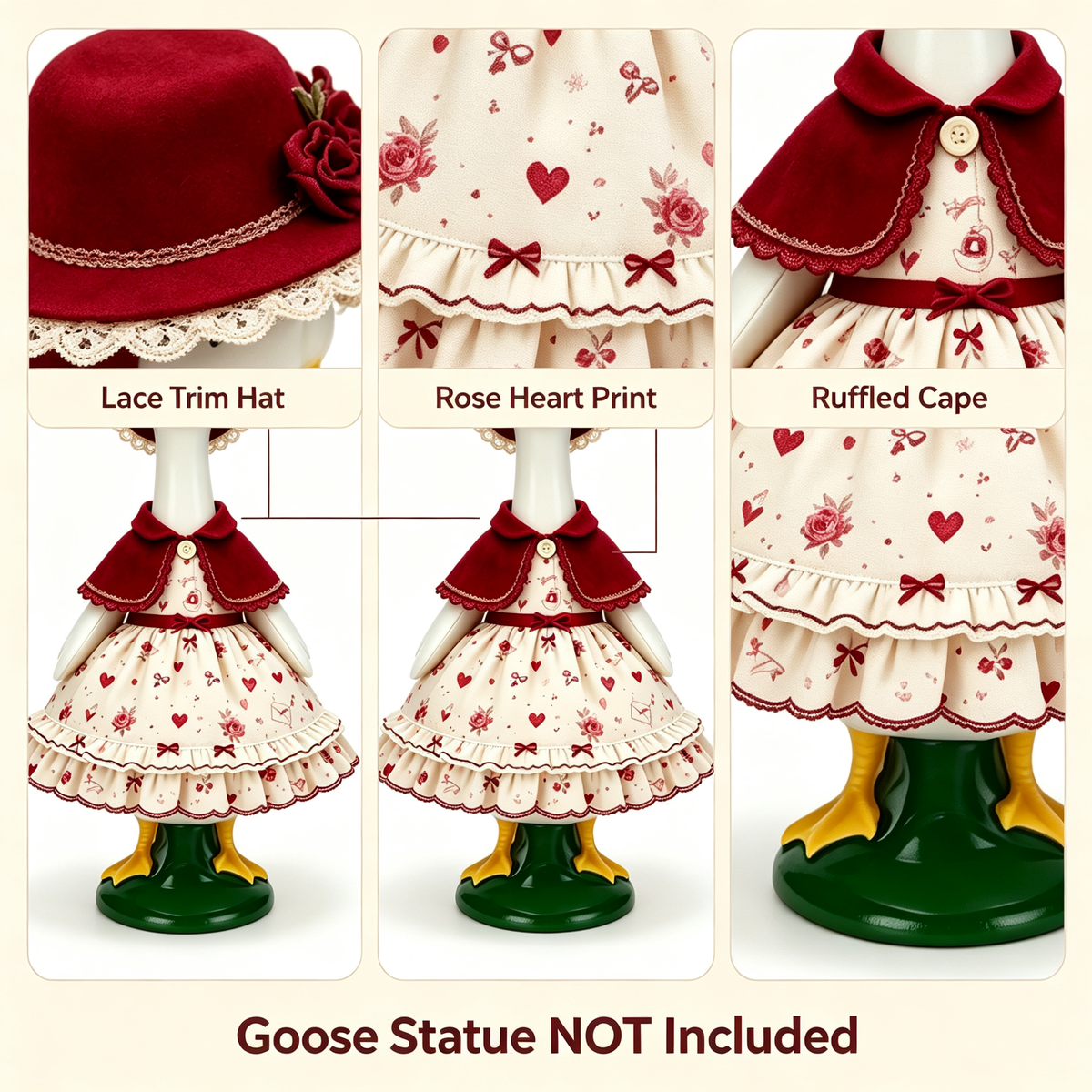 Romantic Valentine Themed Goose Outfit for 23‑Inch Lawn Goose Statue, Decorative Figurine Costume with Rose & Heart Print, Lace‑Trim Hat and Cape, Yard Porch Display Outfit, Goose Statue NOT Included