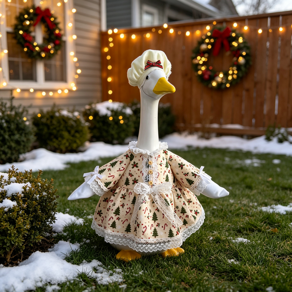Baking‑Inspired Christmas Goose Outfit for 23‑Inch Lawn Goose Statue, Holiday Figurine Costume with Tree & Candy Cane Print, Ruffled Trim Hat, for Indoor & Outdoor Display, Goose Statue NOT Included