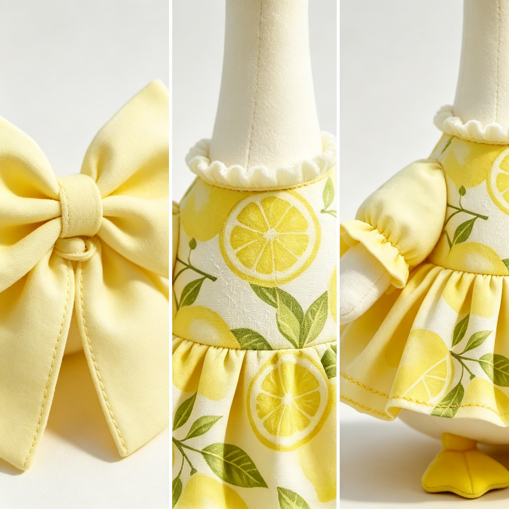 Summer Fresh Vacation‑Style Goose Costume Outfit for 23 Inch Lawn Goose Statue, Lemon‑Print Dress with Oversized Bow, Bright Cheerful Porch Garden Display Decor, Goose Statue NOT Included