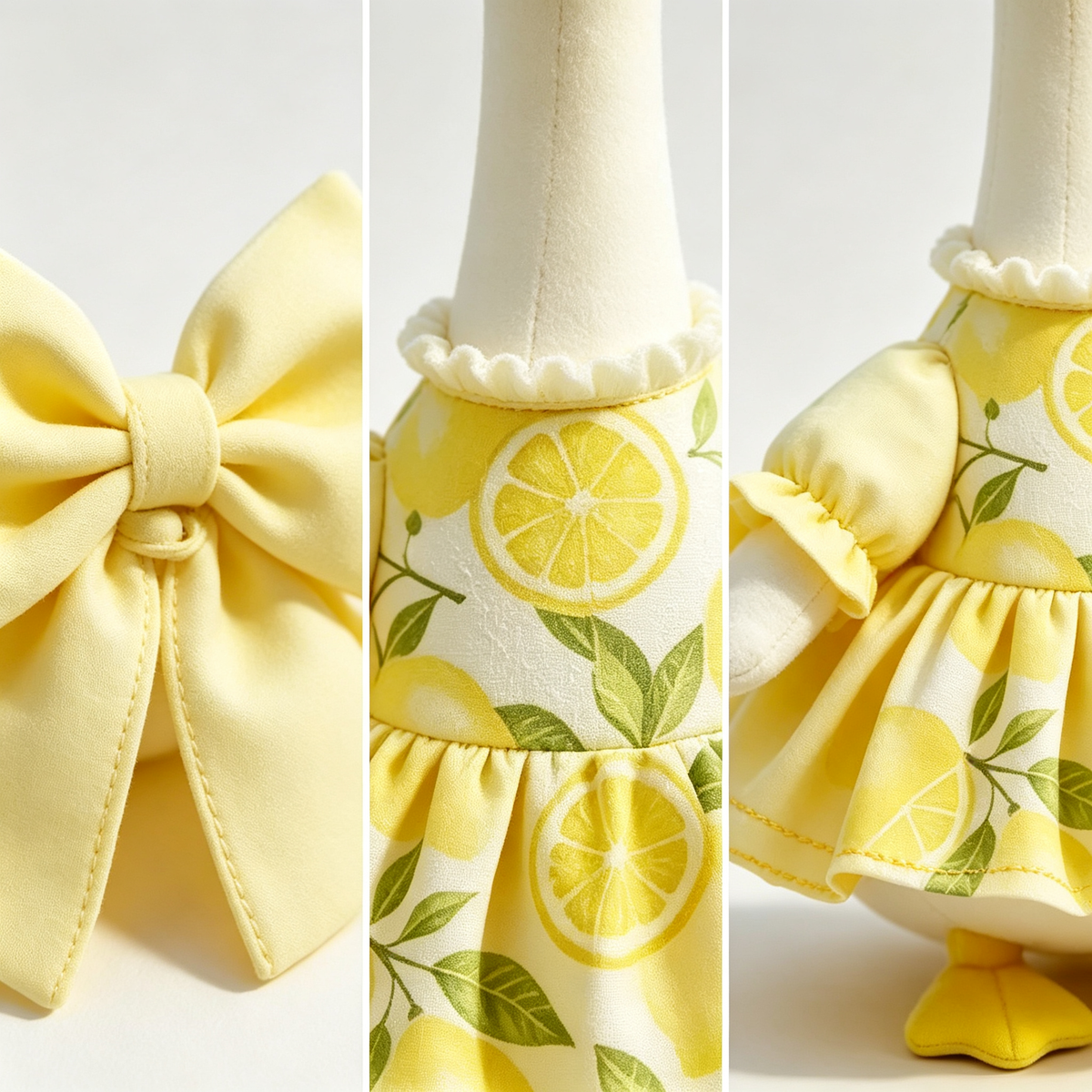 Summer Fresh Vacation‑Style Goose Costume Outfit for 23 Inch Lawn Goose Statue, Lemon‑Print Dress with Oversized Bow, Bright Cheerful Porch Garden Display Decor, Goose Statue NOT Included