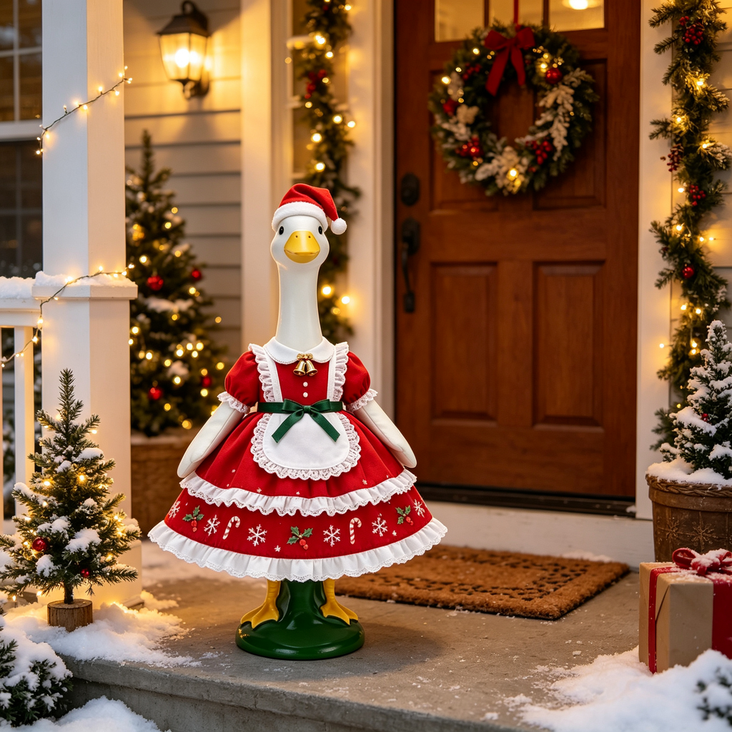 Christmas Themed Goose Outfit for 23‑Inch Lawn Goose Statue, Decorative Figurine Costume with Santa Hat, Bells & Snowflake Print, Yard Porch Display Outfit, Goose Statue NOT Included