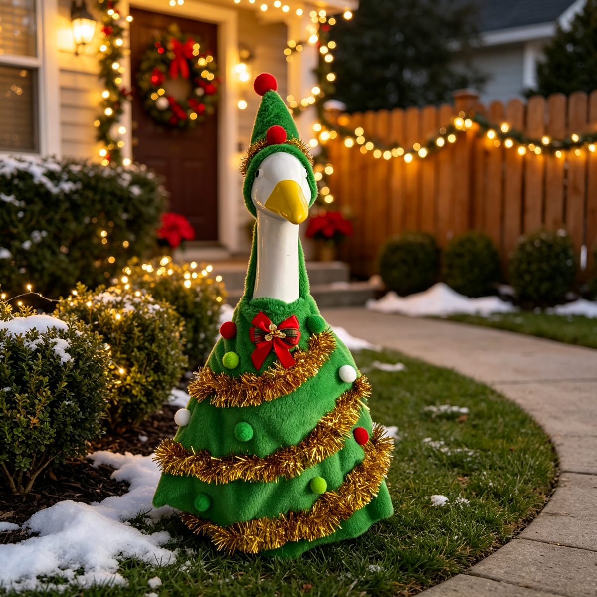 Christmas Tree Themed Goose Outfit for 23‑Inch Lawn Goose Statue, Novelty Holiday Figurine Costume with Tinsel & Pom‑Pom Accents, Indoor Outdoor Display Outfit, Goose Statue NOT Included