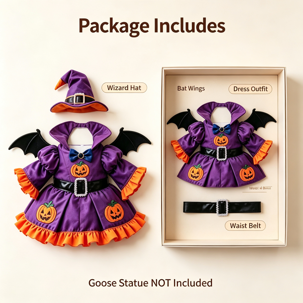 Witch Themed Goose Outfit for 23‑Inch Lawn Goose Statue, Halloween Decor Figurine Costume with Wizard Hat, Bat Wings & Pumpkin Pattern, Yard Porch Display Outfit, Goose Statue NOT Included