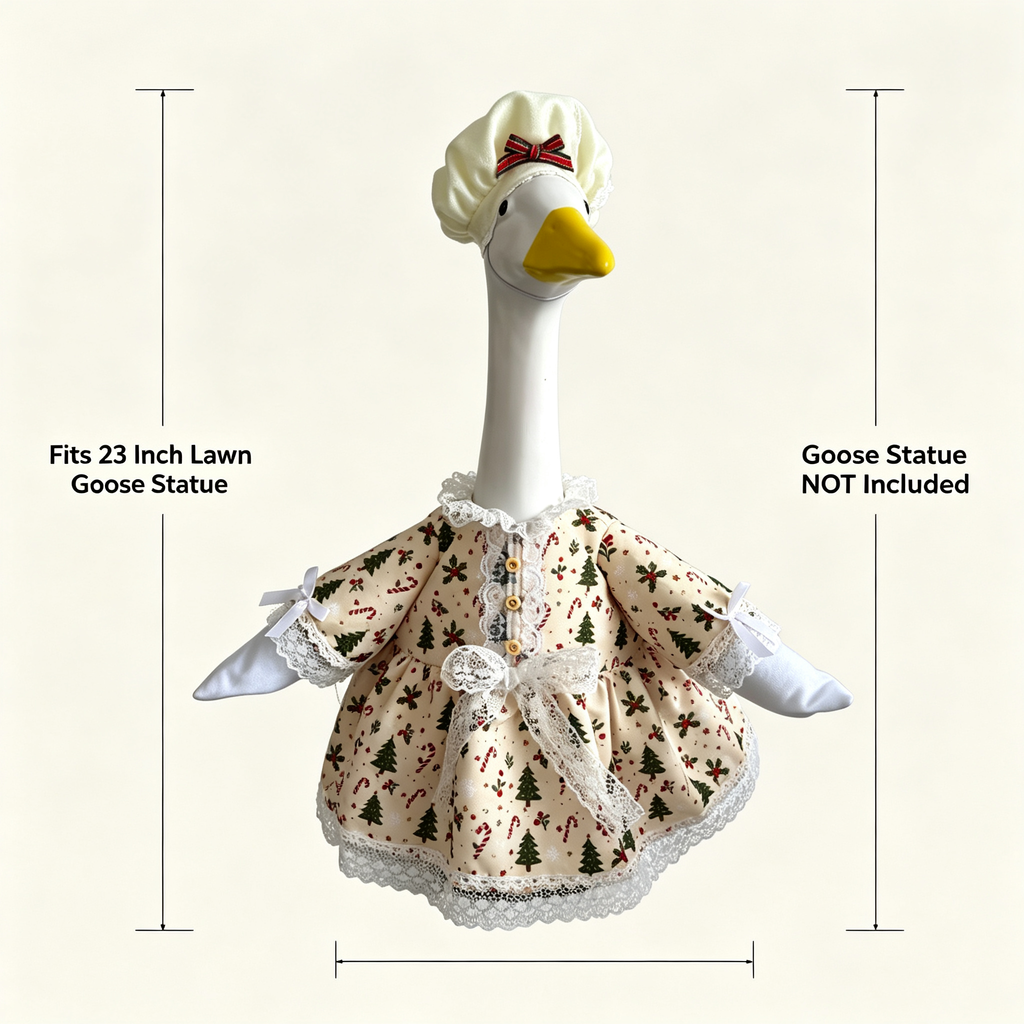 Baking‑Inspired Christmas Goose Outfit for 23‑Inch Lawn Goose Statue, Holiday Figurine Costume with Tree & Candy Cane Print, Ruffled Trim Hat, for Indoor & Outdoor Display, Goose Statue NOT Included