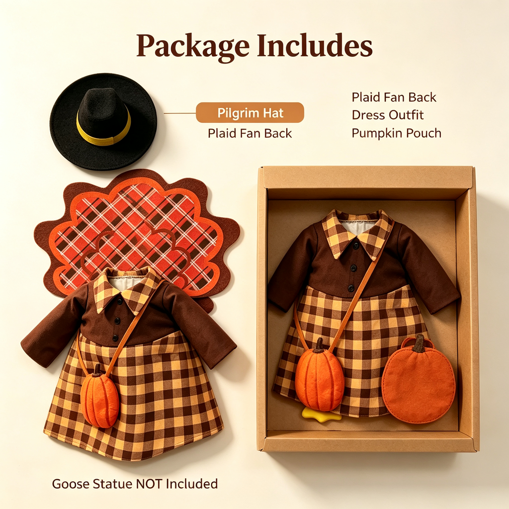Fall Harvest Farmhouse Goose Outfit for 23‑Inch Lawn Goose Statue, Seasonal Figurine Costume with Pilgrim Hat, Turkey Tail Decor & Pumpkin Pouch, Yard Porch Display Outfit, Goose Statue NOT Included