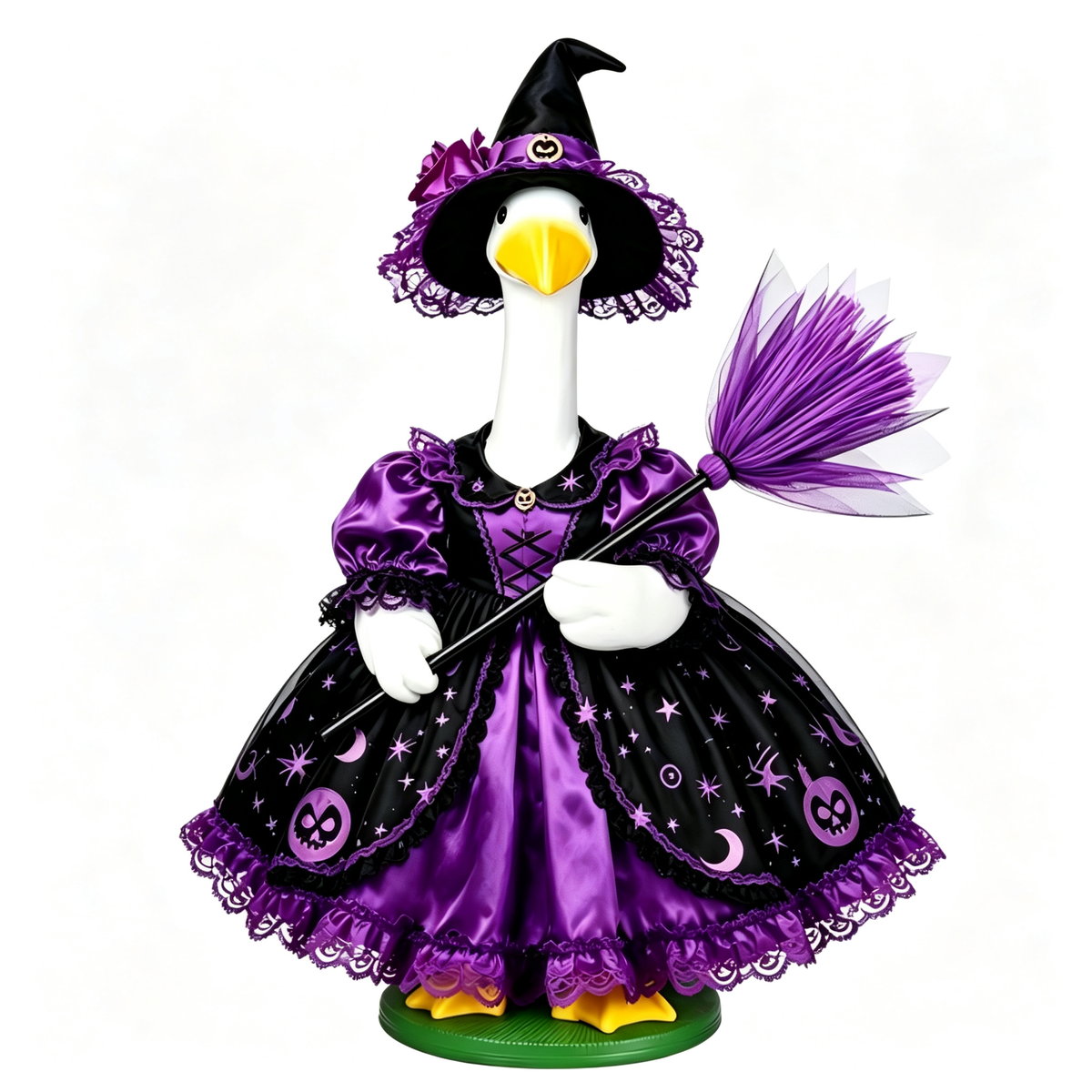 Halloween Witch Goose Costume Outfit for 23 Inch Lawn Goose Statue, Star‑Moon Print Dress with Wizard Hat & Purple Broom Accessory, Spooky Season Porch Yard Display Decor, Goose Statue NOT Included