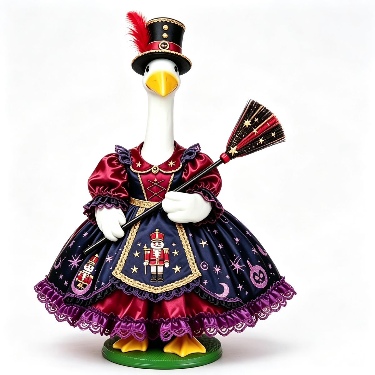 Dark Carnival‑Themed Porch Goose Outfit for 23‑Inch Lawn Goose Statue, Nutcracker & Celestial Print Costume with Top Hat & Decorative Broom, Halloween Yard Display Costume, Goose Statue NOT Included