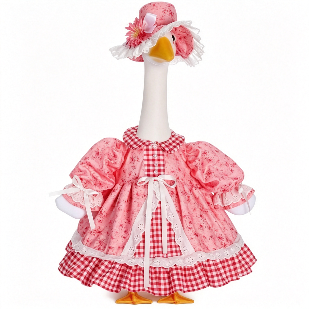 Cute Pastoral Porch Goose Outfit for 23‑Inch Lawn Goose Statue, Pink Gingham Floral Dress with Decorative Sun Hat, Sweet Country‑Style Yard Display Costume, Goose Statue NOT Included