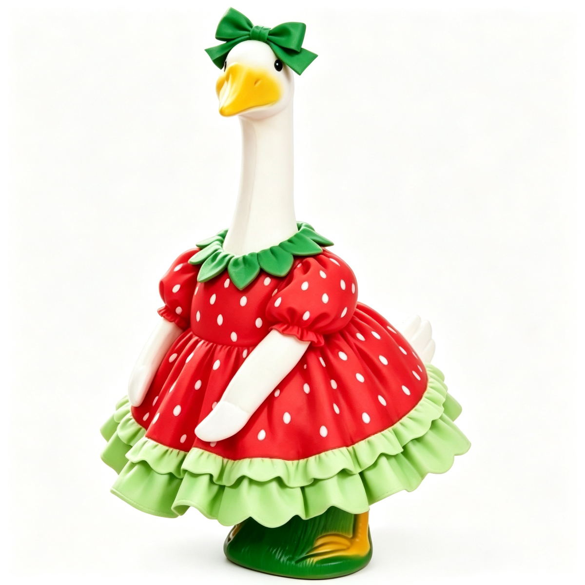 Sweet Fruit‑Themed Porch Goose Outfit for 23‑Inch Lawn Goose Statue, Strawberry Print Dress with Green Bow & Ruffled Trim, Spring Summer Yard Display Costume, Goose Statue NOT Included