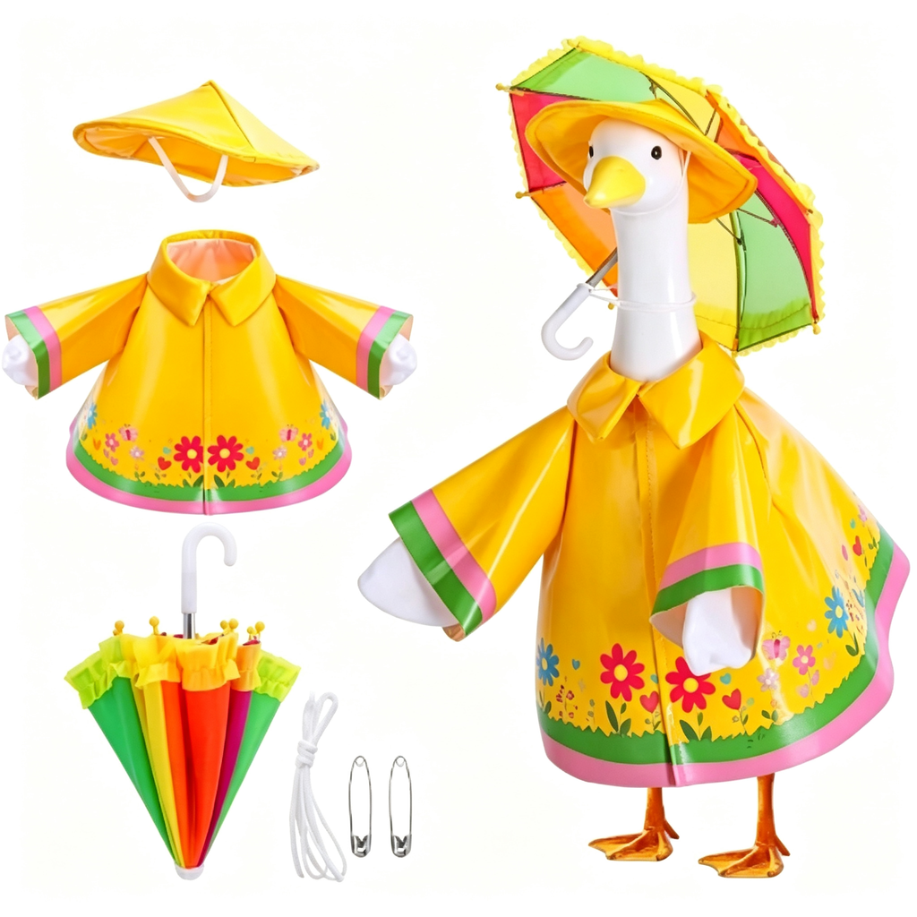 Cute Spring Rainy‑Day Goose Outfit, Playful Cartoon‑Style Raincoat Costume Set with Hat & Mini Umbrella, Decor Accessory for 23‑Inch Lawn Goose Statue, Goose Statue Not Included