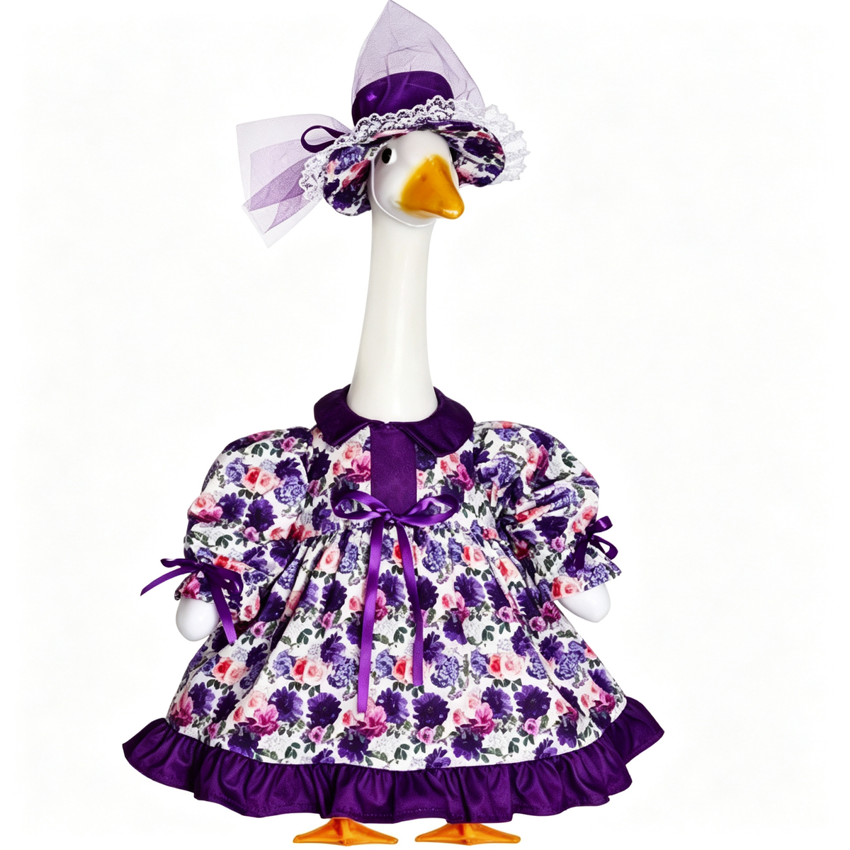 Vintage Elegant Floral Porch Goose Outfit for 23‑Inch Lawn Goose Statue, Purple Flower Print Dress with Lace Tulle Hat & Satin Bow Accents, Manor‑Style Yard Display Costume, Goose Statue NOT Included