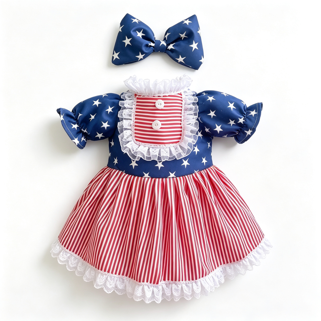 Patriotic Americana Porch Goose Outfit for 23‑Inch Lawn Goose Statue, Star‑Stripe Themed Dress with Large Bow & Lace Trim, Independence Day Yard Display Costume, Goose Statue NOT Included