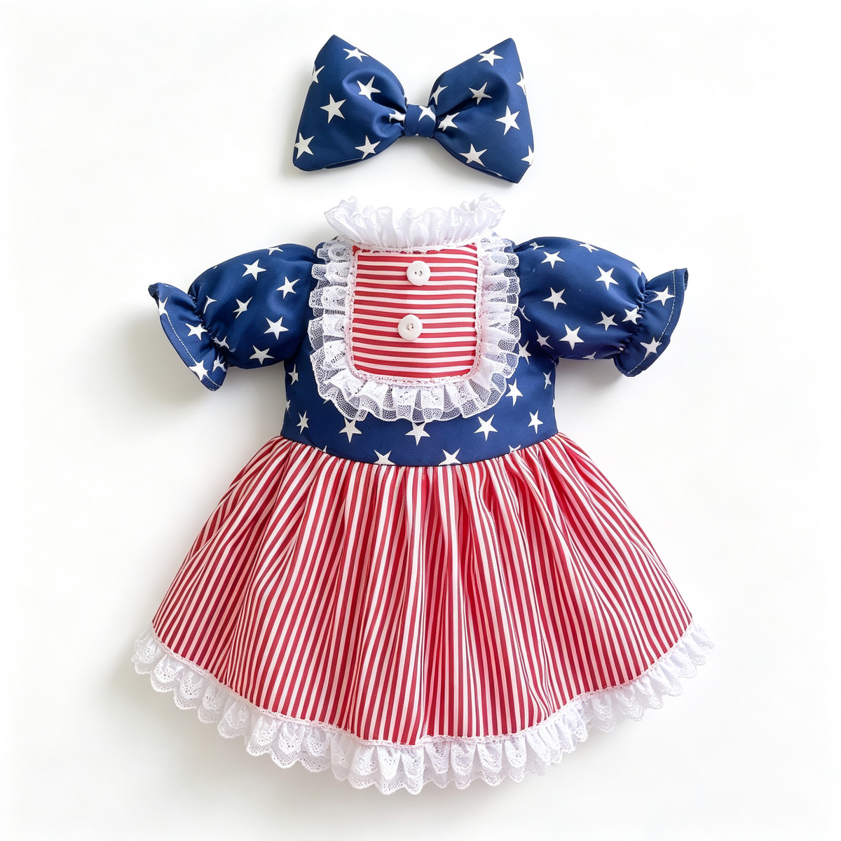 Patriotic Americana Porch Goose Outfit for 23‑Inch Lawn Goose Statue, Star‑Stripe Themed Dress with Large Bow & Lace Trim, Independence Day Yard Display Costume, Goose Statue NOT Included